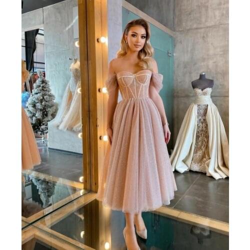 Elegant Long Off Shoulder Tulle Evening Dresses with Glitter Tea Length Corset Back Pink Formal Party Dress for Women