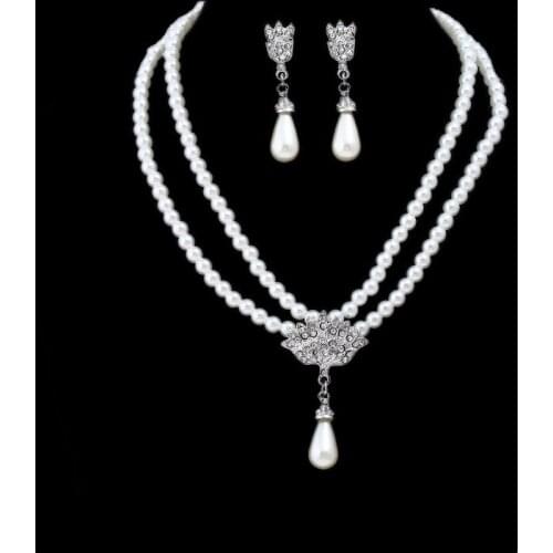 European And American Bride Pearl Crystal Set Diamond Short Necklace Earrings Set For Women Wholesale