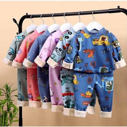 Boys Girls Fleece Warm Pijamas Pyjamas 1 2 3 4 5 6 7 8Years Kids Spring Winter Cartoon 8color Sleepwear Suits