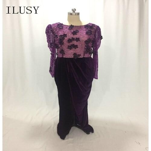 ILUSY Scoop Straight Purple Prom Dress Long Sleeve See Through High Split Evening Gown With Flowers beads vestido de festa