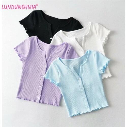 LUNDUNSHIJIA Fashion Summer Breathable Cardigan Crop Tops For Sexy Women Summer Small V-Neck Short-Sleeve T-shirts For Women