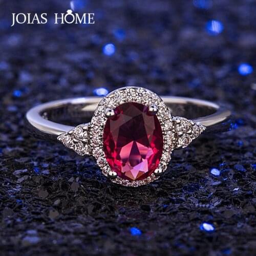 Joiashome Classic Women Silver Ring With Oval Shape Ruby Gemstones Zircon Women Jewelry Wedding Christmas Party Gift Wholesale