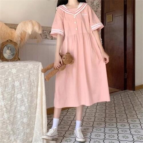 Harajuku Japanese Summer Lolita Dress Korean Cute Sailor Collar Pink Blue Pleated Dress Soft Girl Preppy Style StudentS Dresses