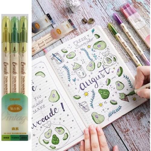 3Pcs Marker Pens Soft And Hard Double-Headed Brush Retro Color Brush Water Based Ink Art Paint Drawing School