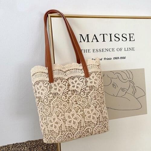 Sweet Lace Hollow Out Handbags Shoulder Bags Women Popular School Bags Summer Beach Casual Totes Bags Camel White