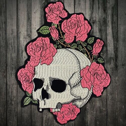 Pink rose skull biker patch for Jacket backing, punk motorcycle embroidery skeleton biker badge, skull patch Garment Accessory