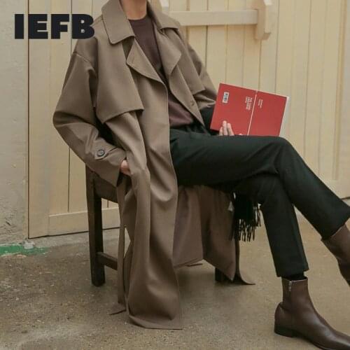 IEFB 2021 Spring New Korean Fashion Double Breasted Windbreaker Mens Middle Long Loose Handsome Mens Trench Coat Belt 9Y5262