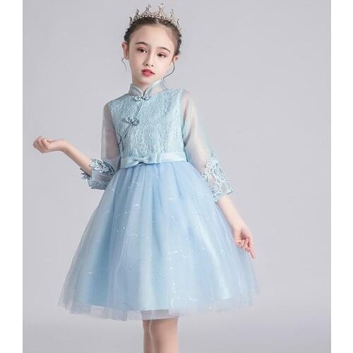 Girl Wedding Princess Dress 2020 New Autumn Bowknot Cute net yarn 3/4 Sleeve Performance Costume Fluffy Gauze Dress 4-12 Years