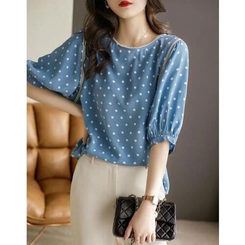 Spring and summer wave point mulberry silk lantern sleeve top girl blusa feminina blusas de.verano amarillas de mujer