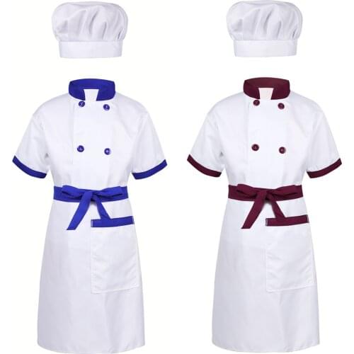 Unisex Kids Boys Girls Chef Roleplay Outfit Short Sleeves Jacket with Apron and Hat Set for Halloween Cosplay Party Costume