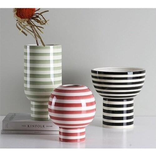 Lined black white flower vase home decor tabletop vases ceramic crafted home vase display contemporary