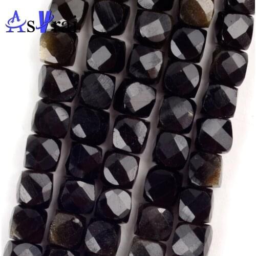 High Quality Genuine Natural Stone Faceted Gold Obsidian Beads For Jewelry Making Square Loose Spacer Beads DIY Bracelet Charms