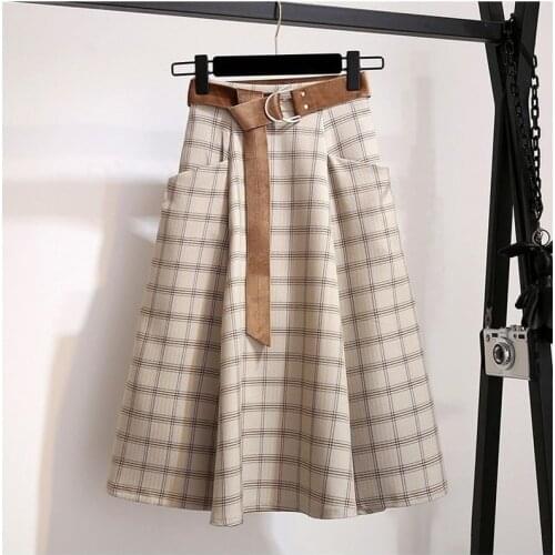 2021 Spring Summer Women Korean Style Plaid High Waist Knee-Length Midi Female Print A-line Skirt with Belt Jupe Femme Y416