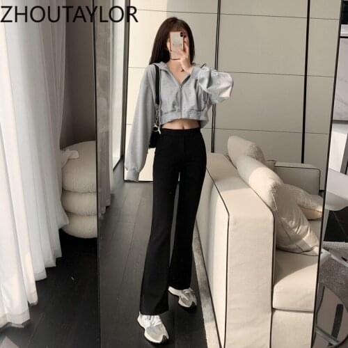 ZHOUTAYLOR Womens Pants Fashion Comfortable Wide Leg Trousers Female Full Length Zipper Fly Solid Flat Flare Bottoms Femme