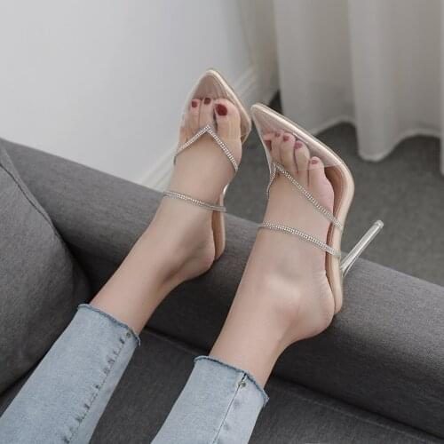 2021 New Rhinestone Clear PVC Slippers Summer Shoes Sexy Pointed Toe High Heels Sandals Slides For Women Crystal Heel Pumps