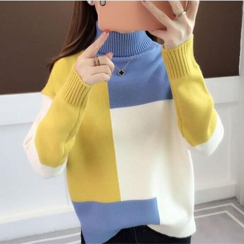 Color Matching Women Pullover Sweater 2020 Autumn Loose O Neck Long Sleeve Knitted Thick Korean Fashion Female Jumper Ropa Mujer