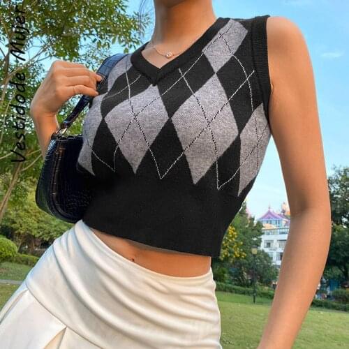 Sexy V Neck Vintage Argyle Sweater Vest Women Y2K Sleeveless Plaid Knitted Crop Sweaters 2021 Casual Preppy Style Tank Tops
