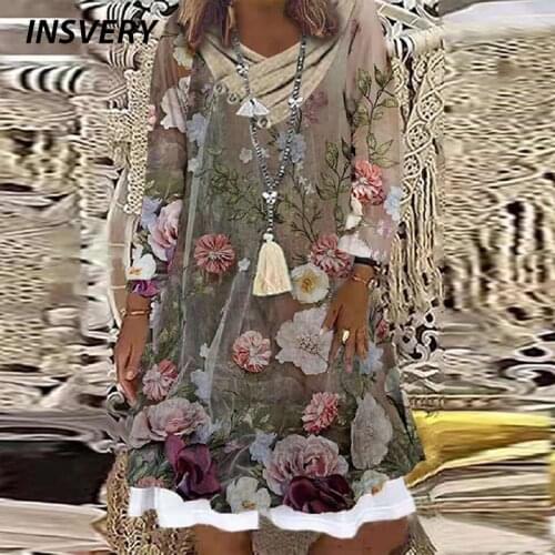 Autum Pary Dress Plus Size Pile Collar Loose Casual Floral Print Dress Women Long Sleeve Bohemia Dresses For Women 2021