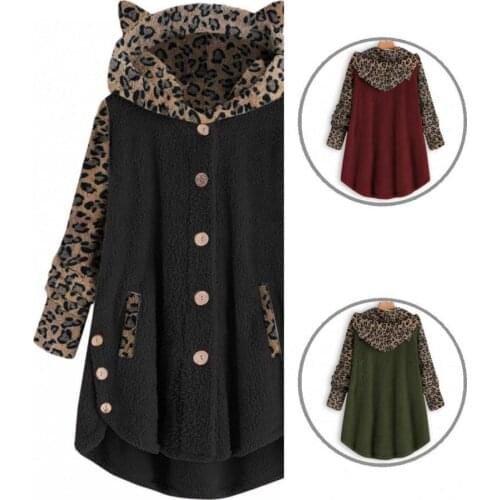 Lady Casual Ears Leopard Patchwork Coat Jacket Casual Hoodie Hooded for Office