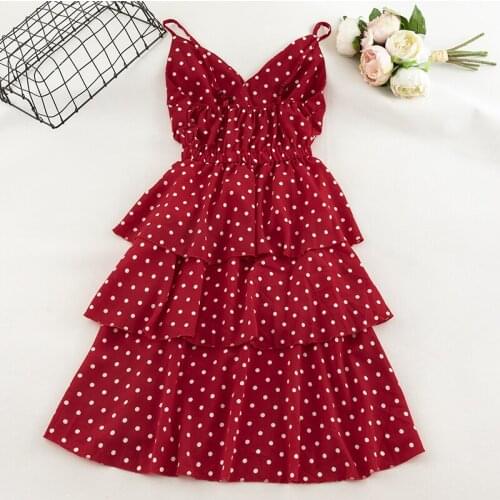 Women Summer V-neck Spaghetti Strap Polka Dot Chiffon Ball Gown Layer Cake Dress New Vintage Elastic Slim Waist Party Midi Dress