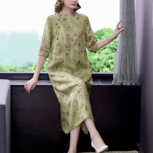 2021 Summer Vintage Floral Ramie Chinese Style Midi Dress Casual Loose 4XL Plus Size Dress Women Elegant Bodycon Party Vestidos