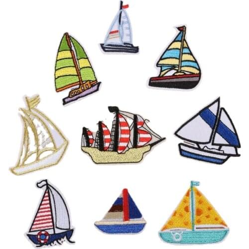 100pcs/lot Embroidery Patches Clothing Decoration Accessories Cute Sea Sailboat Diy Iron Heat Transfer Applique