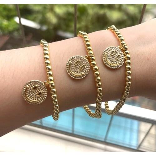 5Pcs New Fashion Jewelry CZ Micro Pave Smiley Face Charms Gold Beaded Chain Bracelets Happy Face For Women Men