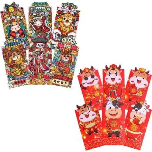 6pcs/set Chinese New Year Red Money Envelopes Year of the OX Cartoon Cash Bag