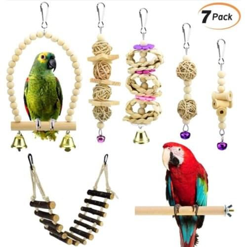 7Pcs Parrot Chew Toys Natural Wood Bird Swing Climbing Hanging Perch Bell Ball Toy Gift Bird Supplies C42