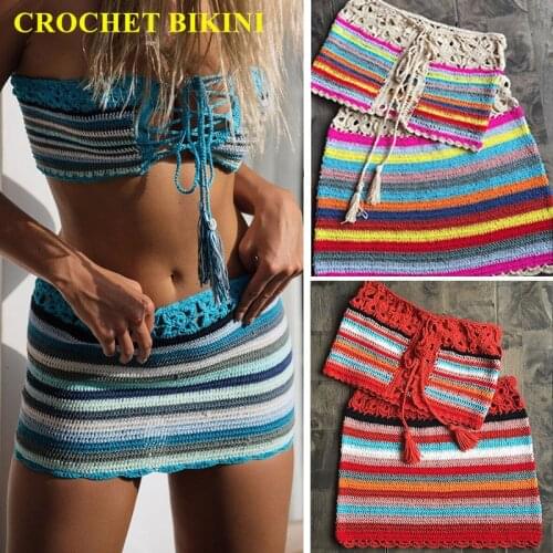 CROCHET BIKINI Fashion Colorful Lace Crop Top and High Waist Skirt Set Summer Beach Swim Bathing Suit Cover Beachwear Multi