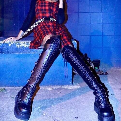 Brand Black Gothic Style Halloween Cosplay Motorcycles Boots Buckles Platform Wedges High Heels Thigh High Boots Women Shoes