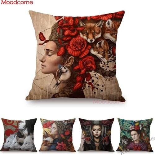 Dreamy Beautiful Scene Goddness Girl With Wild Animals Floral Home Decorative Sofa Pillow Case Modern Art Linen Cushion Cover