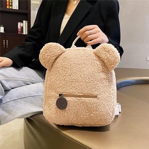 Portable Children Travel Shopping Rucksacks Casual Autumn Winter Lamb Fleece Womens Bagpack Cute Bear Shaped Shoulder Backpack