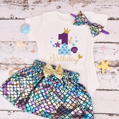 Baby Girl Mermaid Birthday outfit 1st Birthday Party costume Baby Shower Party Under the Sea Theme Party Kids Set 3 color option