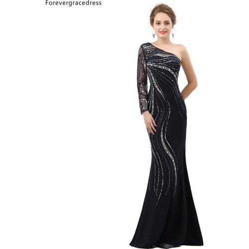 Forevergracedress Elegant Black Evening Dresses 2019 Mermaid One Long Sleeves Formal Party Gowns Plus Size Custom Made