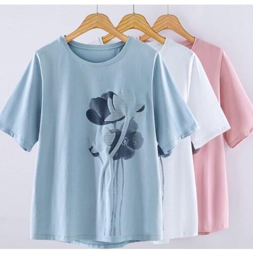 Top Tee футболка топ T Shirt Women O-neck Flower Print Camisetas Oversized T Shirt Female Summer White Pink Streetwear Drop-Ship