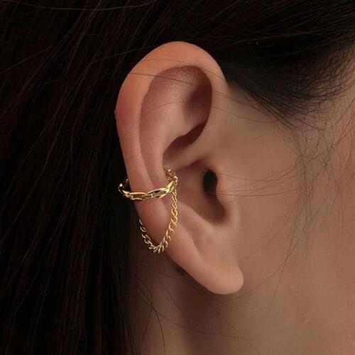 Women Gold Tone Chain Clip Earring Without Piercing,Rock Punk Metal Holiday Street Ear Bone Clip Accessory