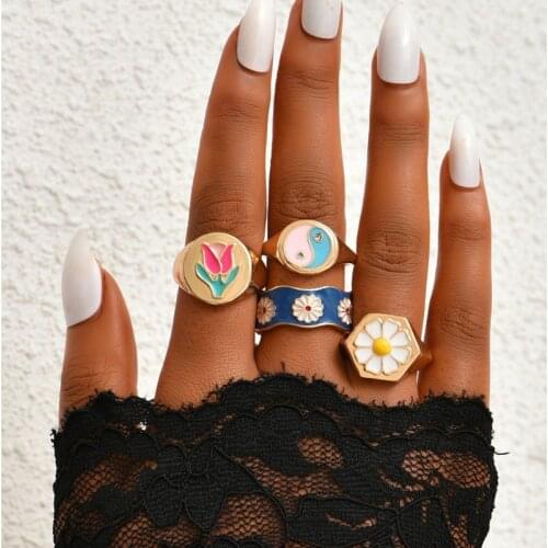 ALYXUY Colorful Metal Heart Flower Yin Yang Ring Set Pink Blue Yellow Color Enamel Finger For Lover Student Jewelry Gift