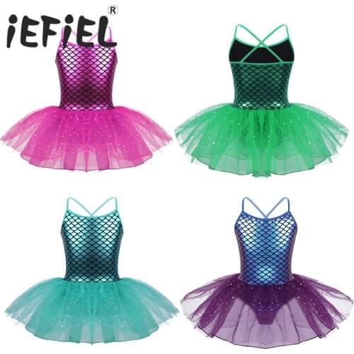 Little Girls Glitter Mermaid Costume Spaghetti Shoulder Straps Scales Pattern Printed Ballet Dance Gymnastics Leotard Tutu Dress