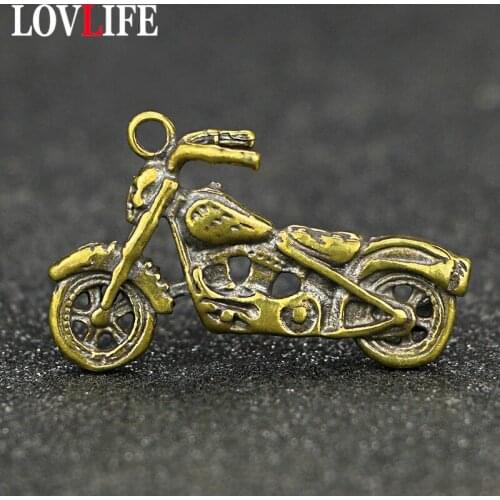 Brass Skull Head Locomotive Charms Creative Vintage Men 3D Mini Motorcycle Keychains Pendants Pure Copper Key Chains DIY Jewelry