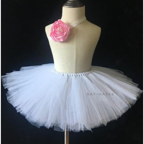 Cute Girls White Tutu Skirts Baby Handmade Tulle Ballet Pettiskirts Tutus with Pink Rose Headband Set Kids Party Costume Skirts