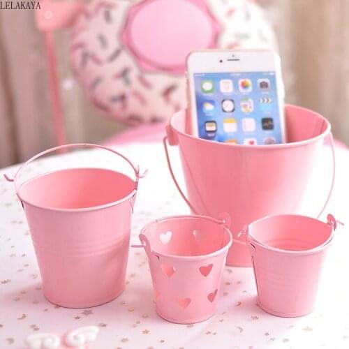 Mini Pink Hollow Out Heart Shaped Iron Bucket Figure Toys sakura Desktop Stationery Pen Holder Storage Box Flowerpot Photo Props