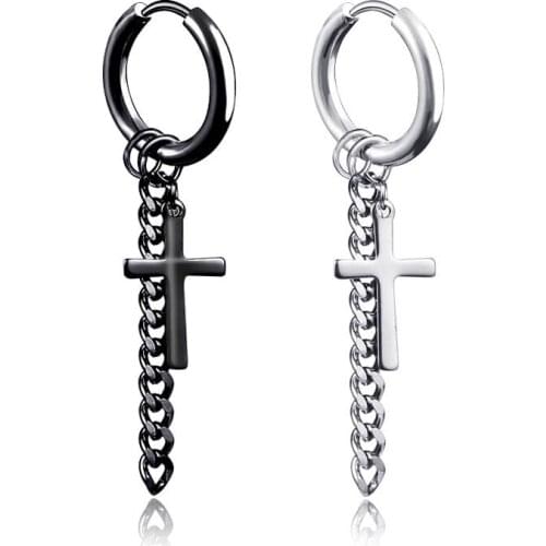 Black Silver Color Cross Chain Link Earrings for Men Boy Rock Cool Punk Earring Hip-Hop Stainless Steel Ears Male Jewelry