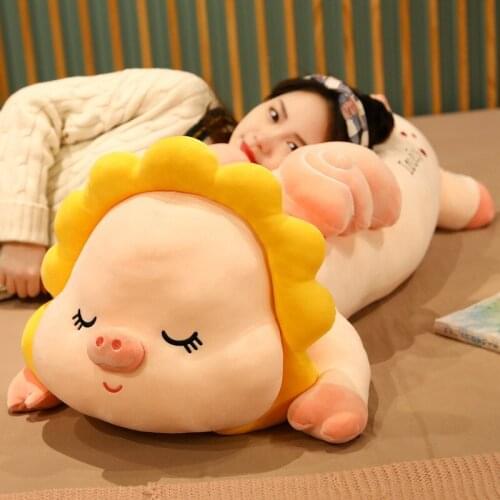 Soft Sleeping Sunflower Piggy Plush Toy Stuffed Cartoon Animal Pig Doll Bed Long Pillow Nap Cushion Birthday Gift For Girls