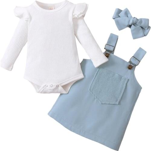 New 3Pcs Baby Girls Outfit, Sweet Style Solid Long Sleeve Round Collar Romper + Front Pocket Suspender Skirt + Headwear Set