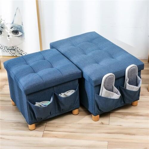 Denim Fabric Ottoman Solid Wood Four Feet Storage Stool Fitting Room Creative Slipper Side Pocket Wear Shoe Bench Foldable HOME