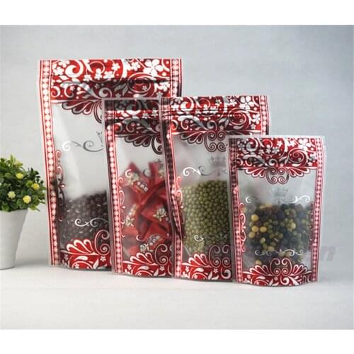 Flower Printed Bag 100pcs Matte Clear Stand Up Ziplock Bags With Print,Reusable Plastic Pouches Self-sealing Nuts Pack Food Sack