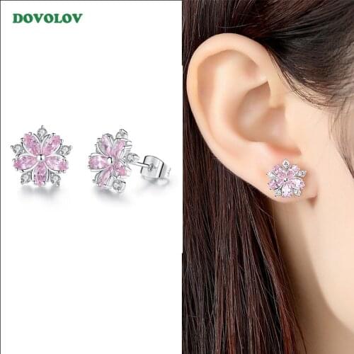 Dovolov Sweet Pink Cherry Stud Earrings For Women AAA Zircon Petal Delicate Kpop Flowers Earrings Jewelry Gift D350