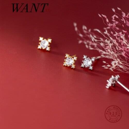 WANTME Genuine 925 Sterling Silver Sweet Cute Shiny Zircon Geometric Stud Earrings for Women Fashion Korean Simple Jewelry Gift