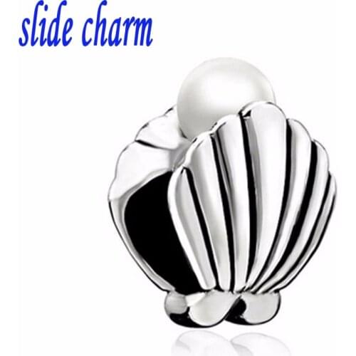 Slide charm Free shipping pearl clam shell beads fit Pandora charm bracelet animal lover mother for Christmas